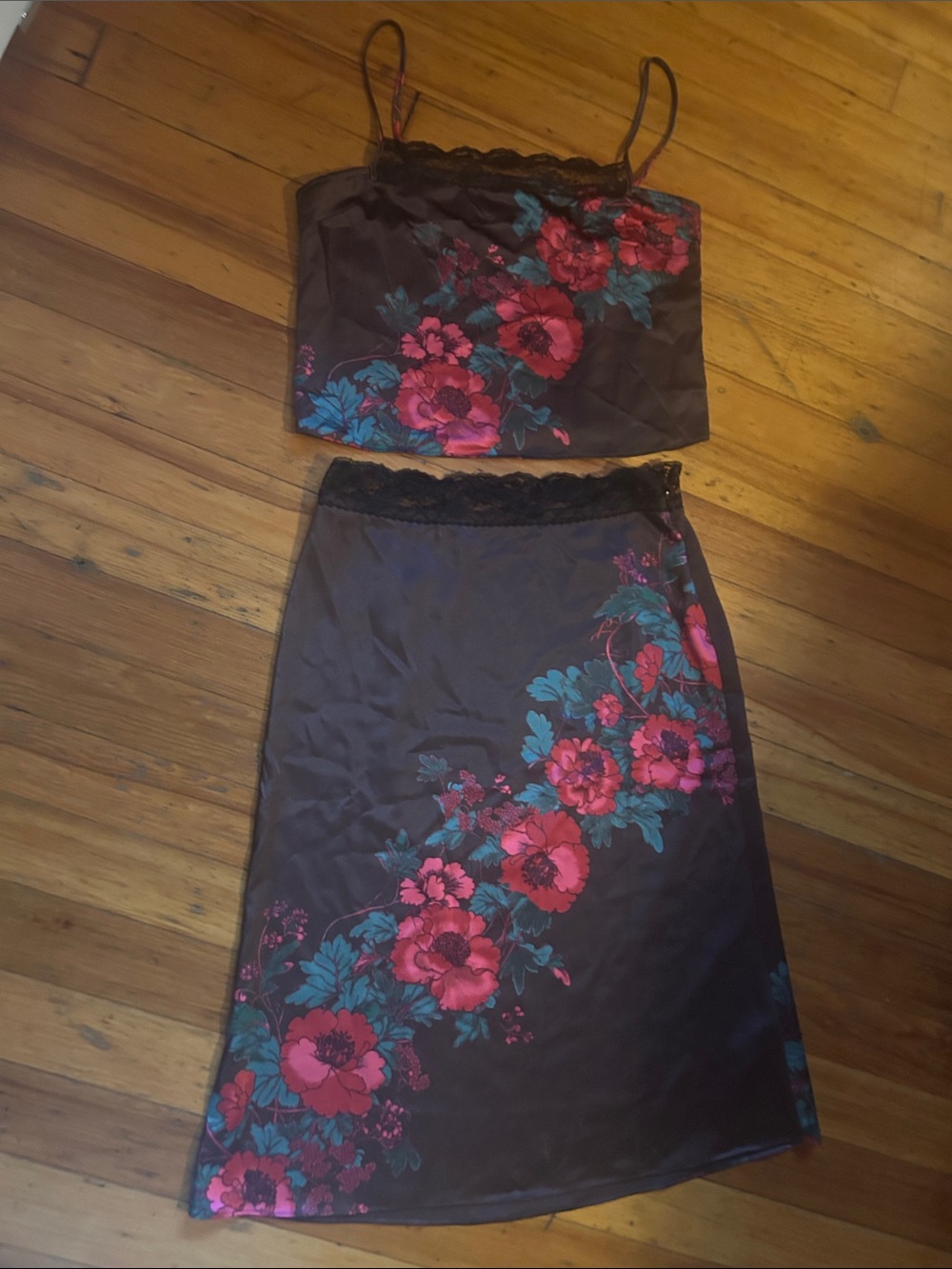 Free People Brown Satin Floral Two-Piece Skirt Set with Pink & Teal Flowers L